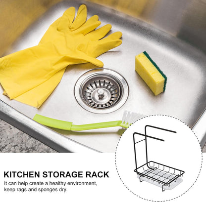Uonlytech Kitchen Sponge Dishcloth Rack, Dual-Purpose Wall-Mounted and Counter Storage with Two Black Rods, Draining Sponge Rag Holder for Kitchen Cleaning and Organization