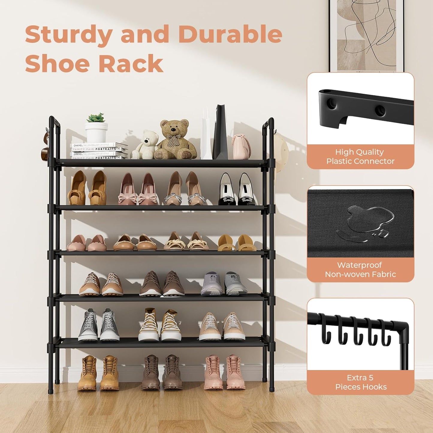 LANTEFUL 3 Tier Shoe Rack for Closet, Shoe Organizer with 5 Hooks, Long Shoe Shelf Storage for Sneaker and Boot Stackable Free Standing Shoe Rack for Entryway, Garage, Small Spaces, Dorm