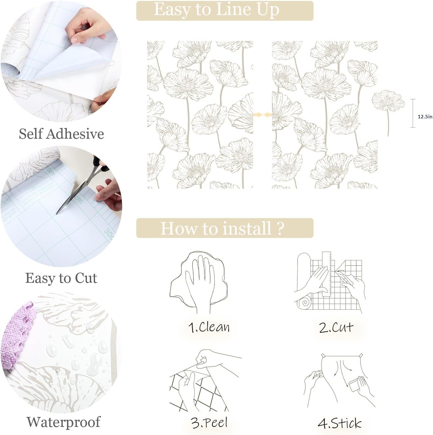 Orainege Modern Peel and Stick Wallpaper 17.3inx118.1in Beige and White Floral Wallpaper Boho Contact Paper Removable Decorative Wall Paper for Bedroom Bathroom Cabinets Decor Vinyl