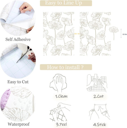 Orainege Modern Peel and Stick Wallpaper 17.3inx118.1in Beige and White Floral Wallpaper Boho Contact Paper Removable Decorative Wall Paper for Bedroom Bathroom Cabinets Decor Vinyl