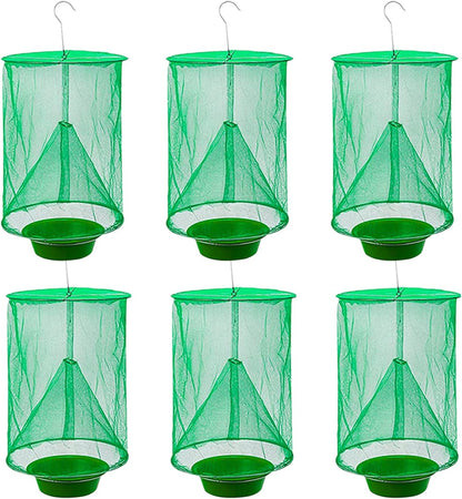 Ranch Fly Trap Outdoor Hanging Reusable with Fishing Apparatus | Food Bait Tray Catcher Cage for Indoor or Outdoor Family Farms, Park (4 Pack)