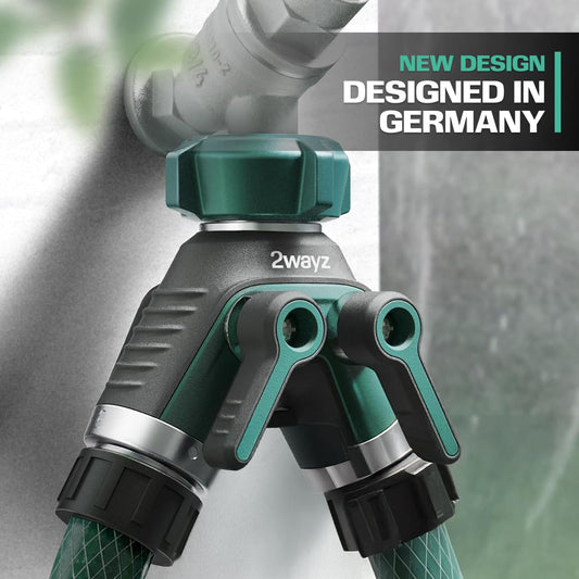 2WAYZ Hose Splitter 2 Way Heavy Duty Outdoor Faucet and Garden Connector - Water Spigot Splitter - Durable All-Metal Y Adapter with Shut-Off Valve - 4 x 4 x 1.5 Inches