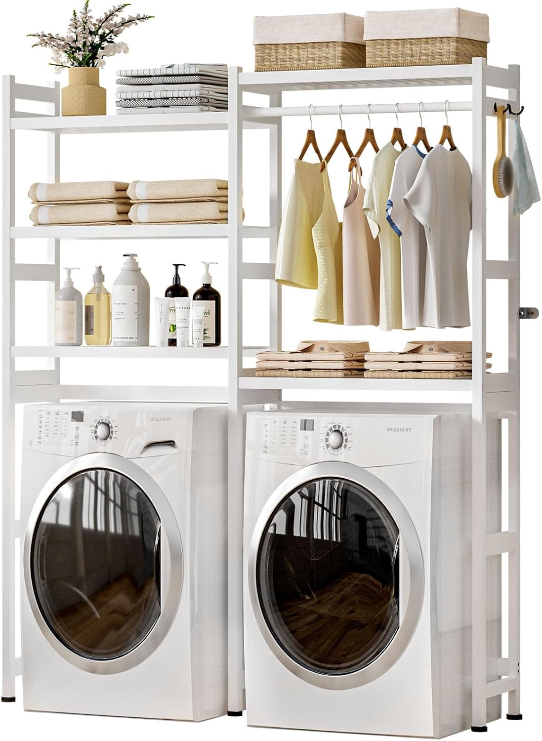 Cozivolife Over The Washer and Dryer Storage Shelf Bamboo,5 Tiers Laundry Room Drying Rack with Adjustable Shelves and 4 Hooks,Space Saver Organizer for Hanging Clothes and Towels (White)
