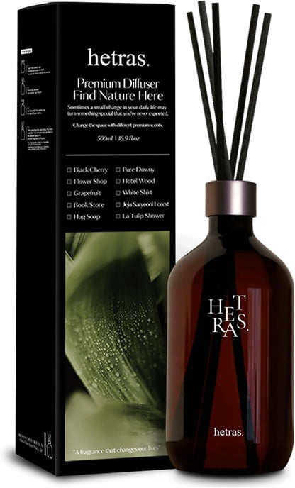 hetras. Premium Reed Diffuser Set (16.9 fl.oz. / 500ml) | Jeju Saryeoni Forest - Citrus & Greenery Scent | Long-Lasting Luxury Home Fragrance with Reed Sticks | Gifts for Loved Ones