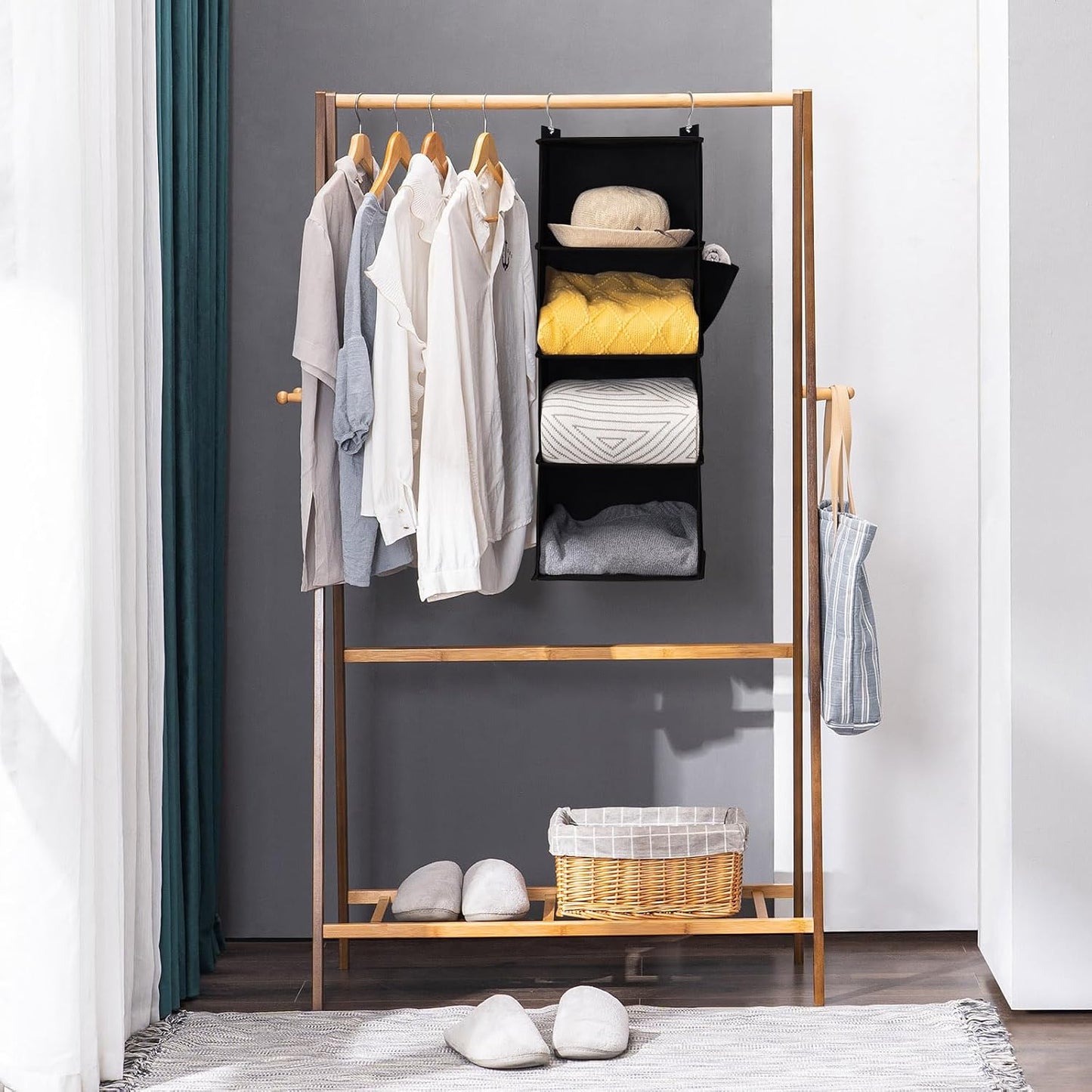 YOUDENOVA Hanging Closet Organizer, 4-Shelf Closet Hanging Storage Shelves, Grey