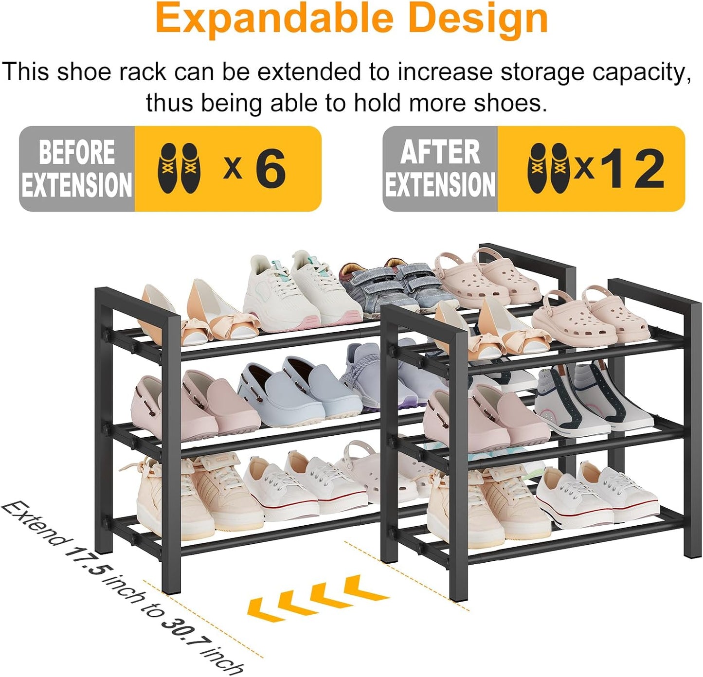 Detsuk 4-Tier Expandable Shoe Rack – Adjustable Metal Shoe Organizer for Closet, Entryway & Mudroom – Stackable, Heavy-Duty Storage, Black