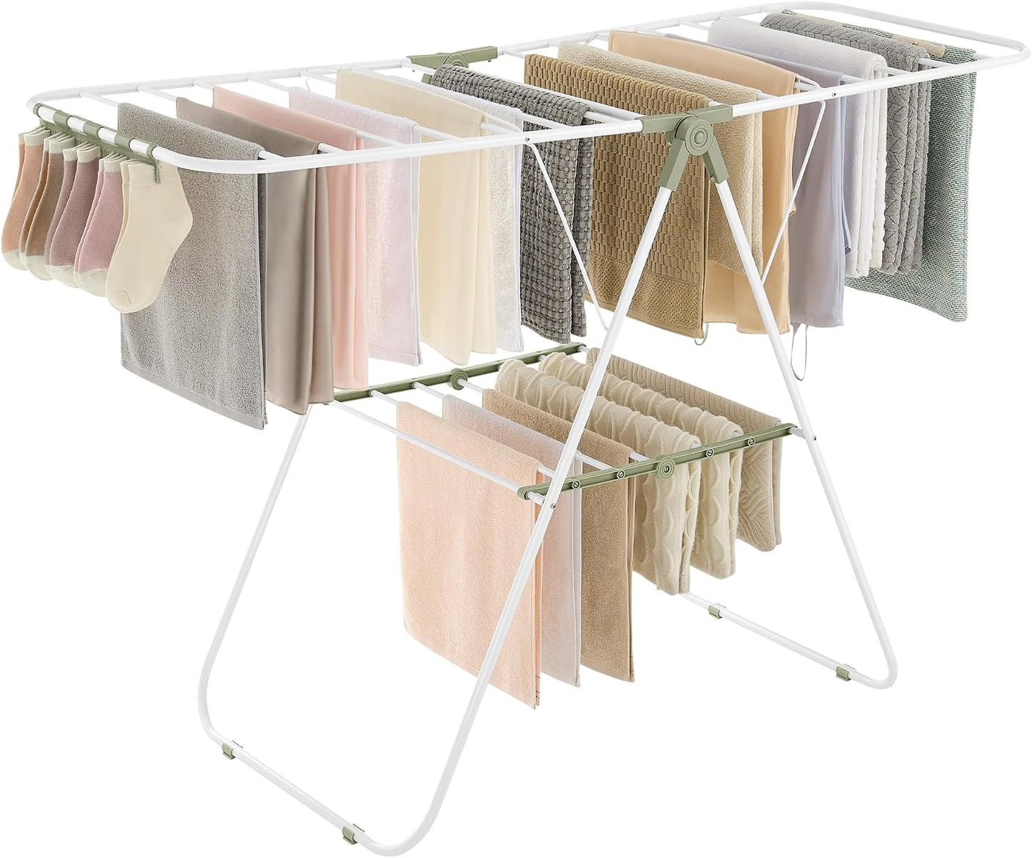 SONGMICS Clothes Drying Rack, with Sock Clips, Metal Laundry Rack, Foldable, Space-Saving, Free-Standing Airer, with 2 Height-Adjustable Gullwings, Indoor Outdoor Use, Gray ULLR052G01