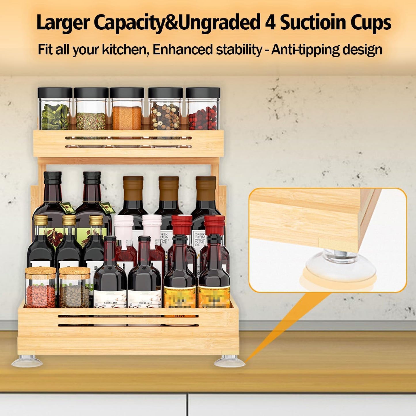 Banlilu Under Sink Organizer, Pull Out Cabinet Organizer, 2 Tier Slide Out Sink Shelf Cabinet Storage Shelves, Storage for Kitchen Bathroom, Natural Premium Bamboo Wood