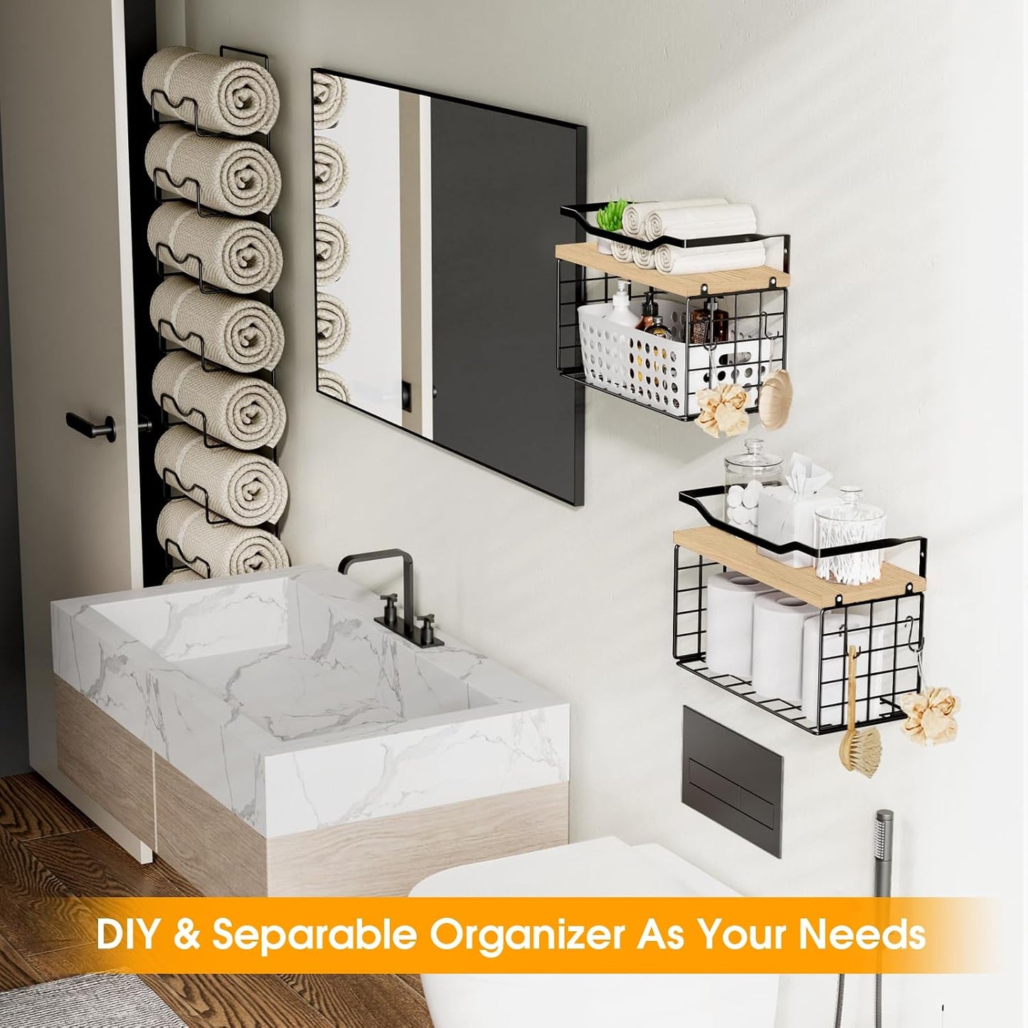 Towel Racks for Bathroom,Towel Rack Wall Mounted, 6 Tier Rolled Or Folded Towel Holder with Floating Shelves, Bathroom Towel Holder for Bath, Hand Towels,Metal and Wood