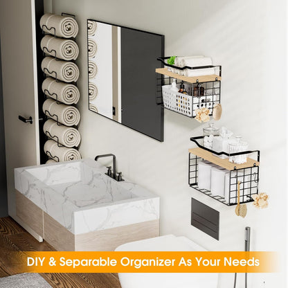 Towel Racks for Bathroom,Towel Rack Wall Mounted, 6 Tier Rolled Or Folded Towel Holder with Floating Shelves, Bathroom Towel Holder for Bath, Hand Towels,Metal and Wood
