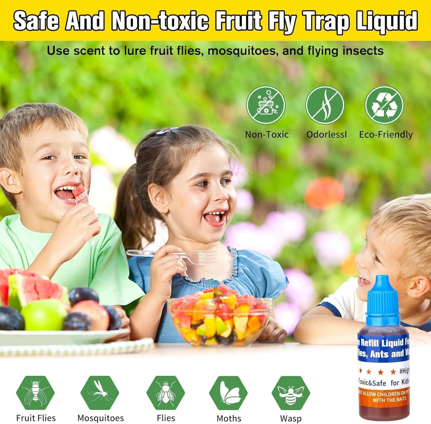 Fruit Fly Trap Refill Liquid only, Fruit Fly Catcher Bait & Gnat Killer Refill, Ready-to-Use Fruit Scented Ants Attractant for Kitchen Bathroom Living Room Use, Safe Near Food (6 Pack)