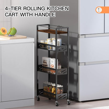 DGSNADGO Slim Rolling Storage Cart, 4-Tier Kitchen Cart on Wheels, Narrow Utility Cart with Handle and Wooden Tabletop for Small Space in Kitchen, Living Room, Bathroom, Laundry Room, Beige and White