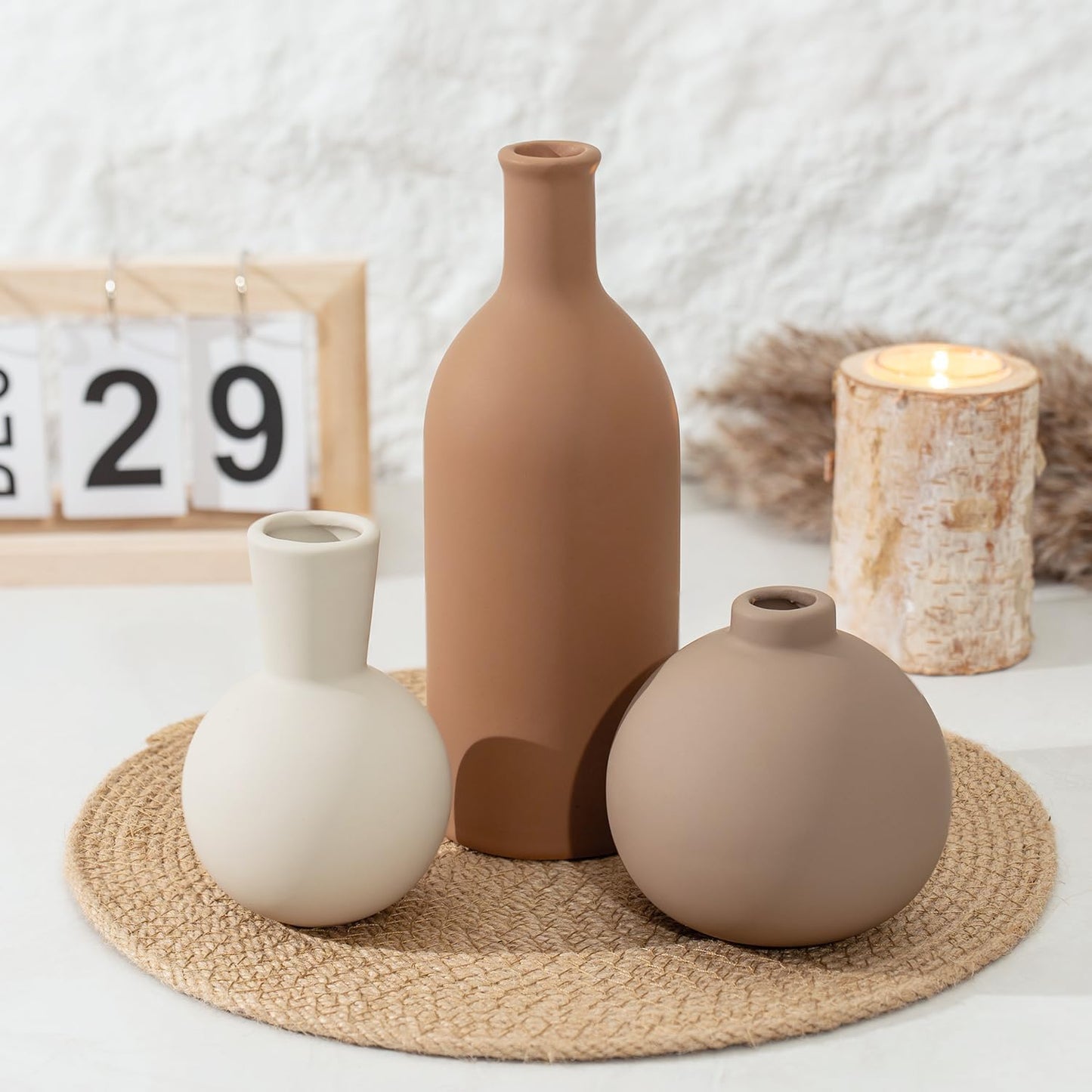 Ceramic Vase Set of 3, Modern Minimalist Neutral Home Decor, Boho Rustic Farmhouse Decorative Vases for Pampas Grass Dried Flowers | Table Centerpiece Entryway Mantel Bookshelf(Black Mix Set - Gray#1)