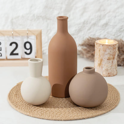 Ceramic Vase Set of 3, Modern Minimalist Neutral Home Decor, Boho Rustic Farmhouse Decorative Vases for Pampas Grass Dried Flowers | Table Centerpiece Entryway Mantel Bookshelf(Black Mix Set - Gray#1)