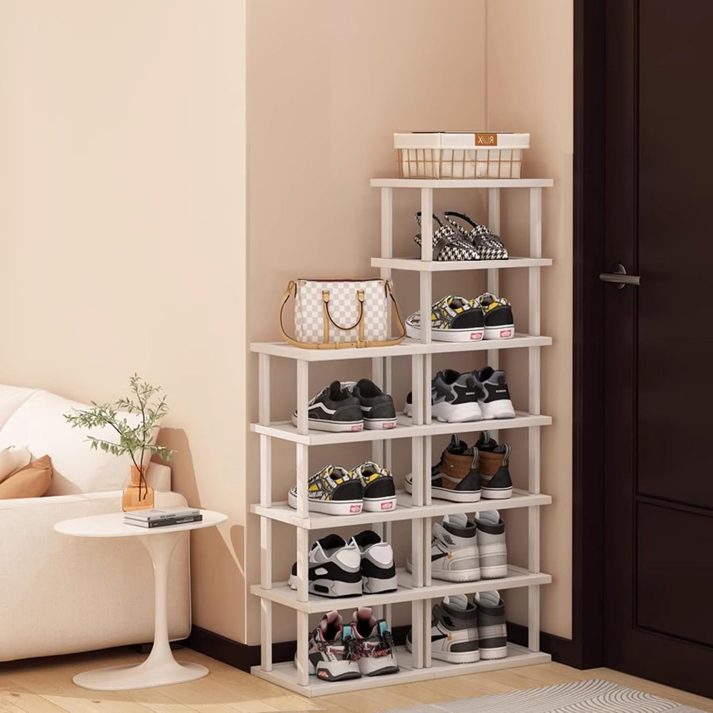 SAN HE 7-Tier Modern Bamboo Shoe Rack - Vertical, Slim, Space-Saving Shoe Organizer for Small Spaces, Closet, Entryway, Corner, Garage, Bedroom