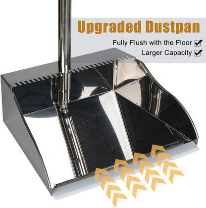 Stainless Steel Dustpan with Outdoor Stiff Bristles Broom,Long Handle Metal Dust Pan and Heavy Duty Broom for Home,Lobby,Office