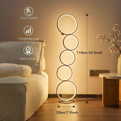 NUÜR Modern 5-Ring LED Floor Lamp, 43.3" Artistic Nesting Circle Standing Lamp, Stepless Dimmable Sculptural Accent Light for Living Room, Bedroom & Office, Minimalist Geometric Decor