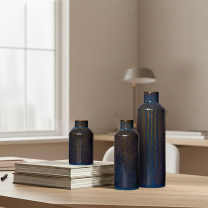 Brown Ceramic Vase Set of 3 - Rustic Farmhouse Vases for Centerpieces Small Modern Decorative Vase for Flower Kitchen Bathroom Bedroom Living Room Shelf Home Decor