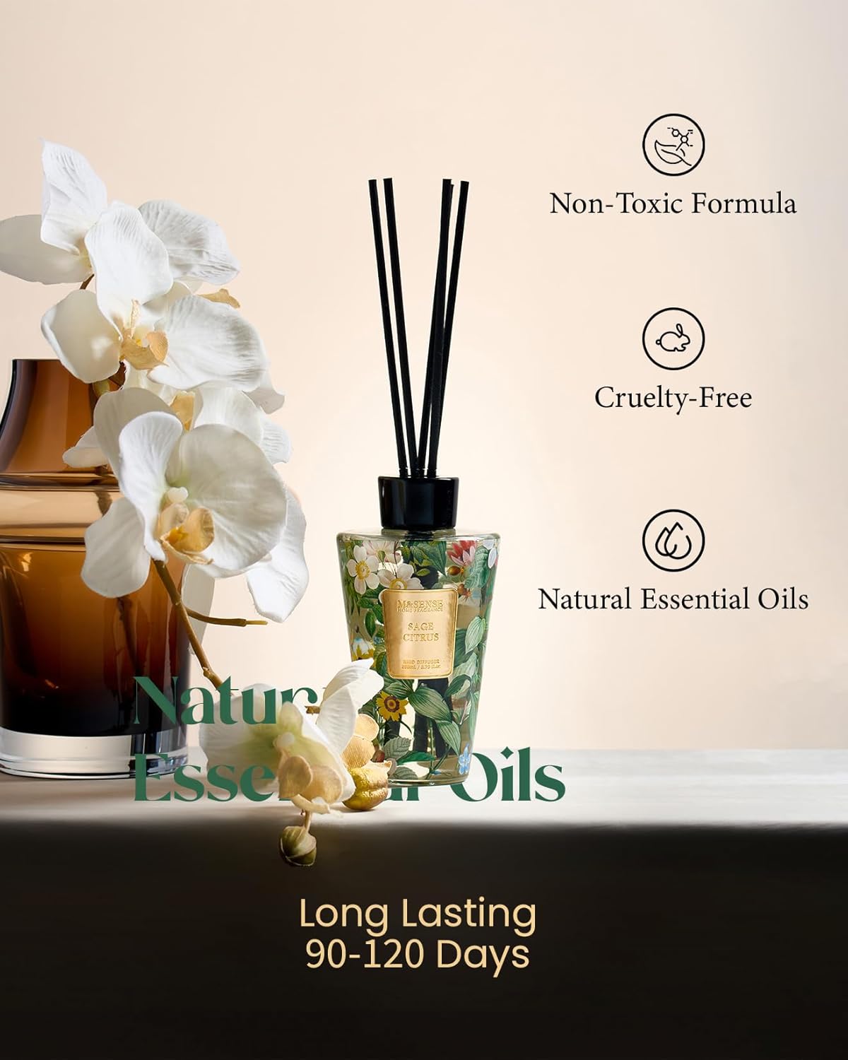 M&SENSE Reed Diffuser Set, Jasmine Sandalwood Scented 6.3 fl oz Natural Essential Oil Diffusers with Sticks, Non-Toxic Organic Air Freshener, Long-Lasting Fragrance Oils for Home Bathroom Living Room