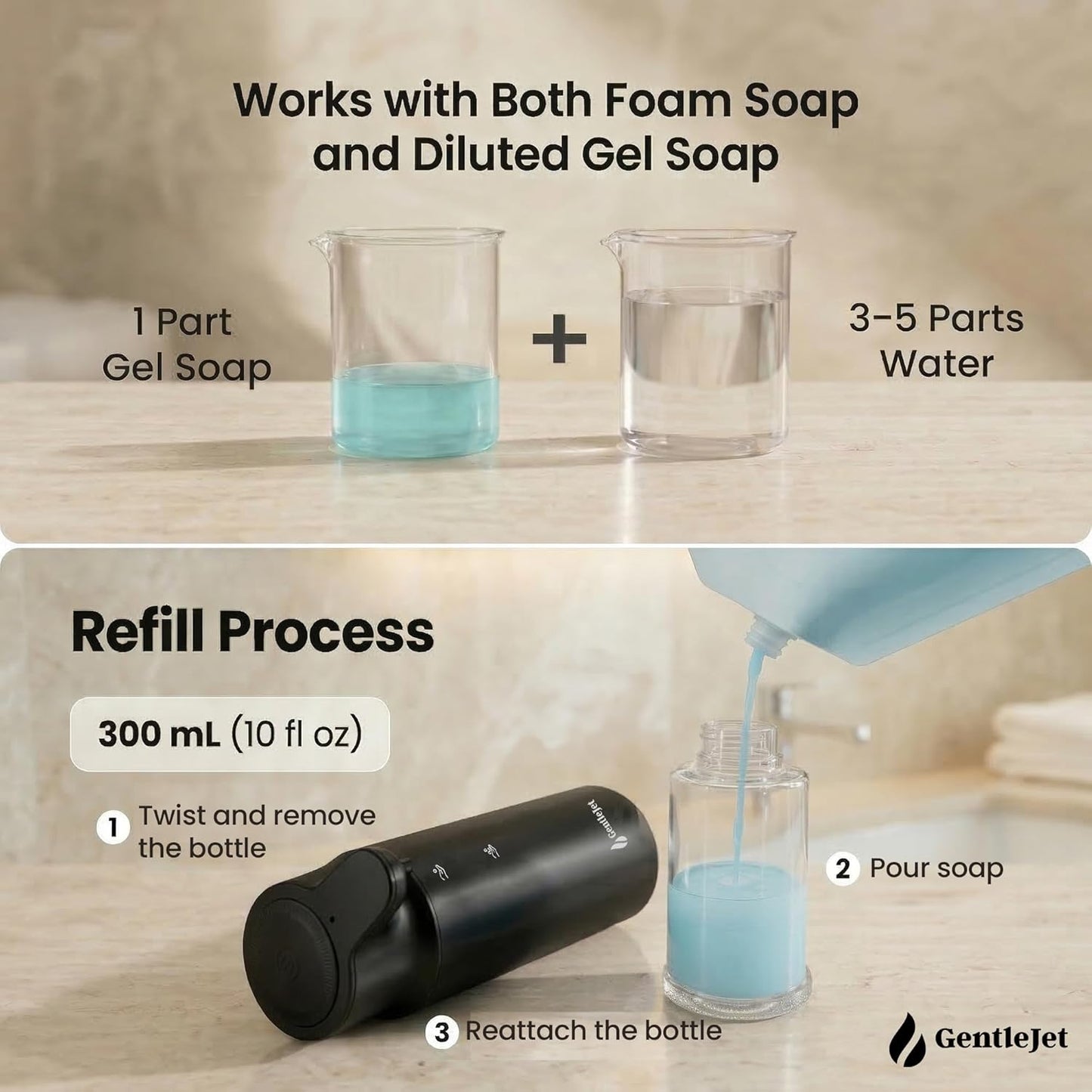 GentleJet CrystalJet Automatic Foam Soap Dispenser – Stainless Steel, Touchless Sensor, USB-C Rechargeable, Waterproof, Modern Bathroom & Kitchen Sink, 300 ml