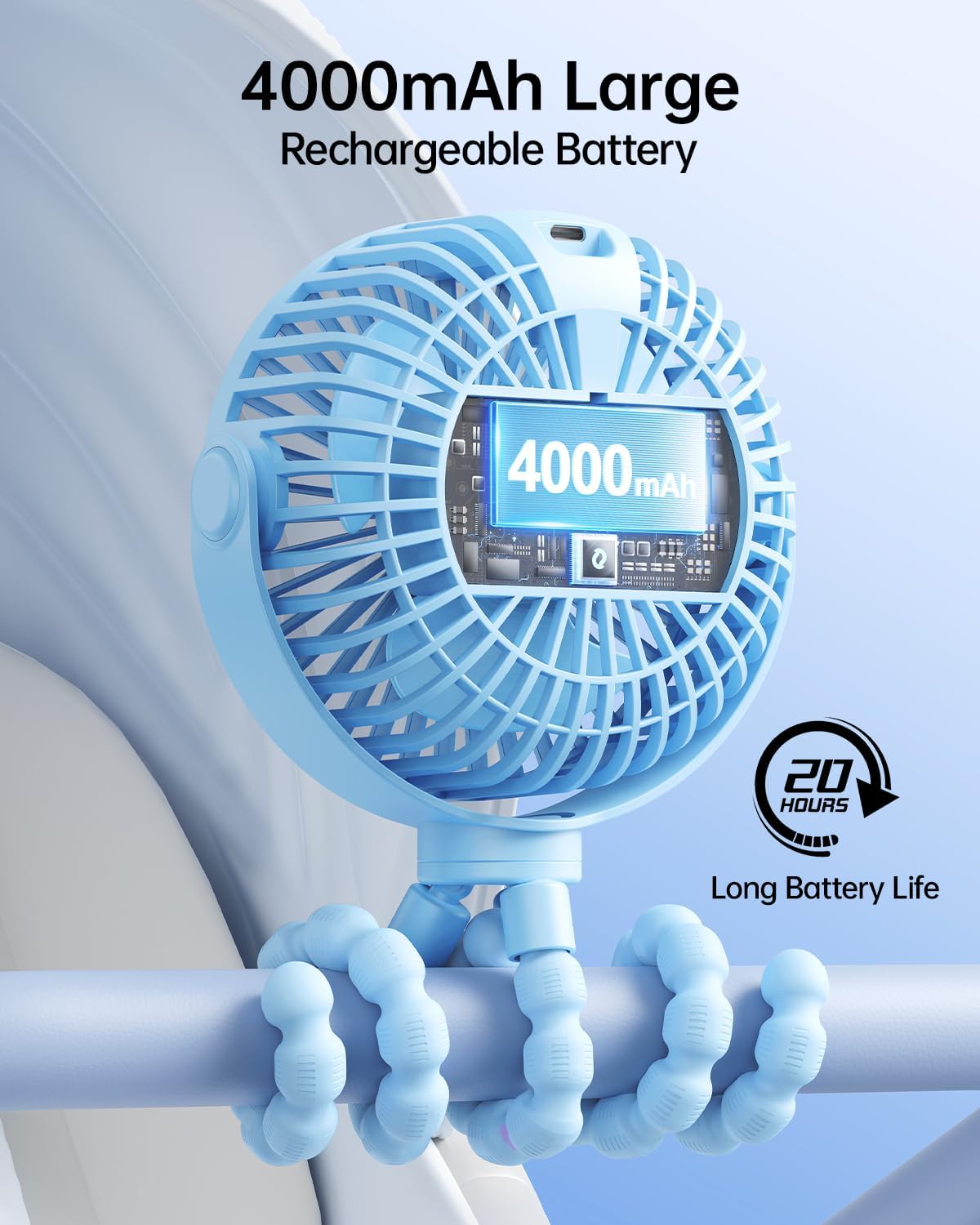 SWEETFULL [2026 Upgrade Portable Stroller Fan with LED Display, 4 Speed Rechargeable Mini Clip On Fan, 360° Rotate Flexible Tripod Better Cooling Small Baby Fan for Car Seat Crib Travel Treadmill