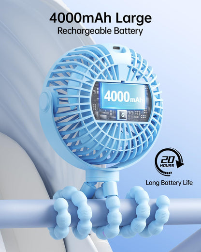 SWEETFULL [2026 Upgrade Portable Stroller Fan with LED Display, 4 Speed Rechargeable Mini Clip On Fan, 360° Rotate Flexible Tripod Better Cooling Small Baby Fan for Car Seat Crib Travel Treadmill