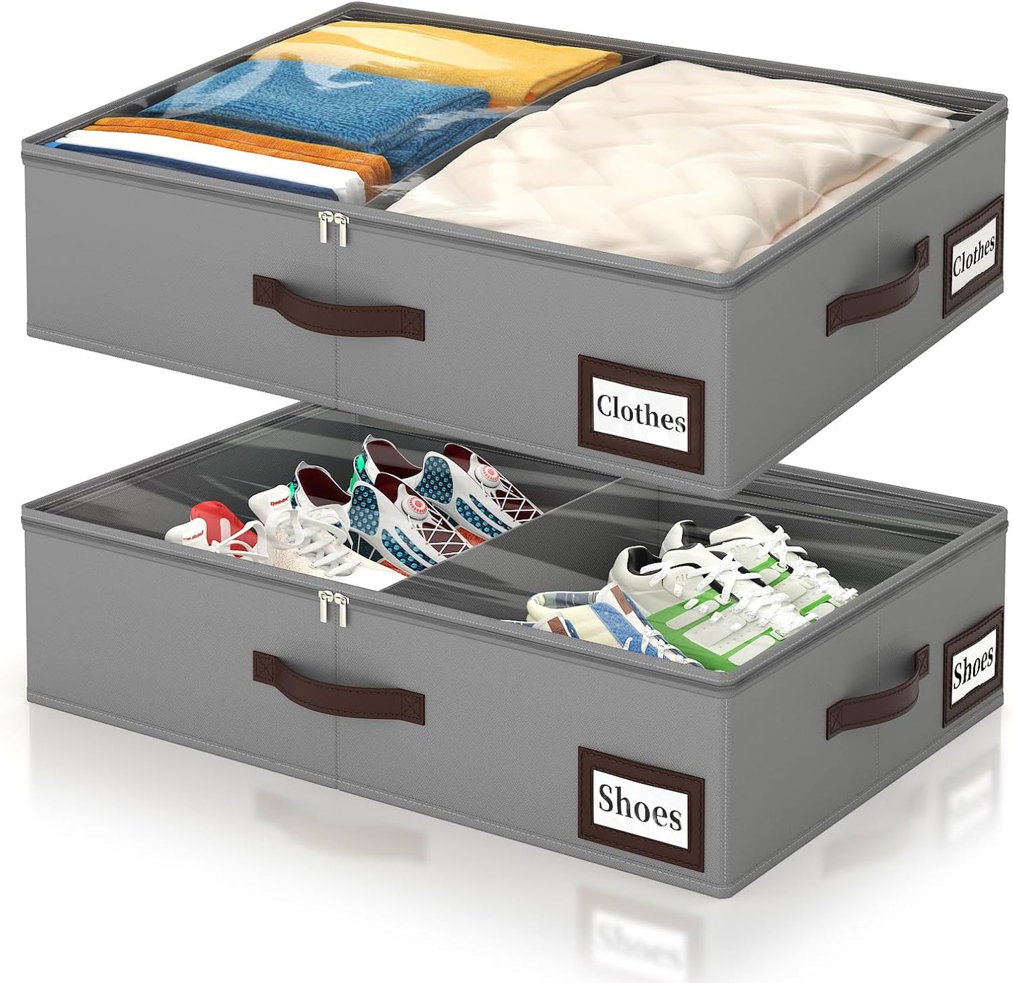 OIAHOMY 2 Pack 53L Under Bed Storage with Adjustable Dividers, 6" Low Profile Underbed Storage Bins for Comforters & Clothes, Save Closet Space with Clear View Lid & Reinforced Handles, Grey