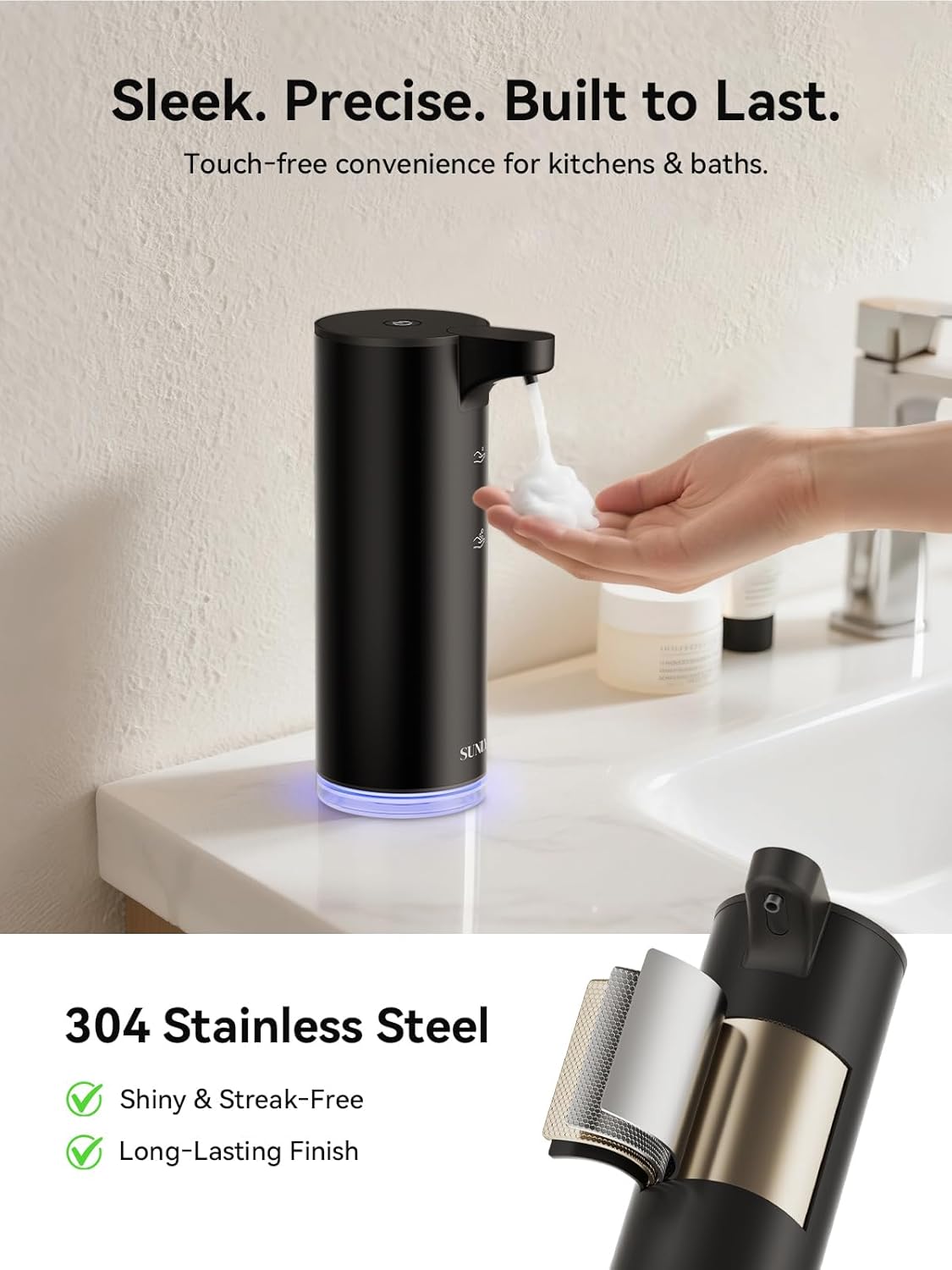 SUNLY Automatic Foaming Soap Dispenser Touchless, 0.2s Fast Sensor, USB-C Rechargeable, Smudge-Resistant Stainless Steel, Hand Soap Dispenser for Bathroom, Kitchen, Hotel, Silver