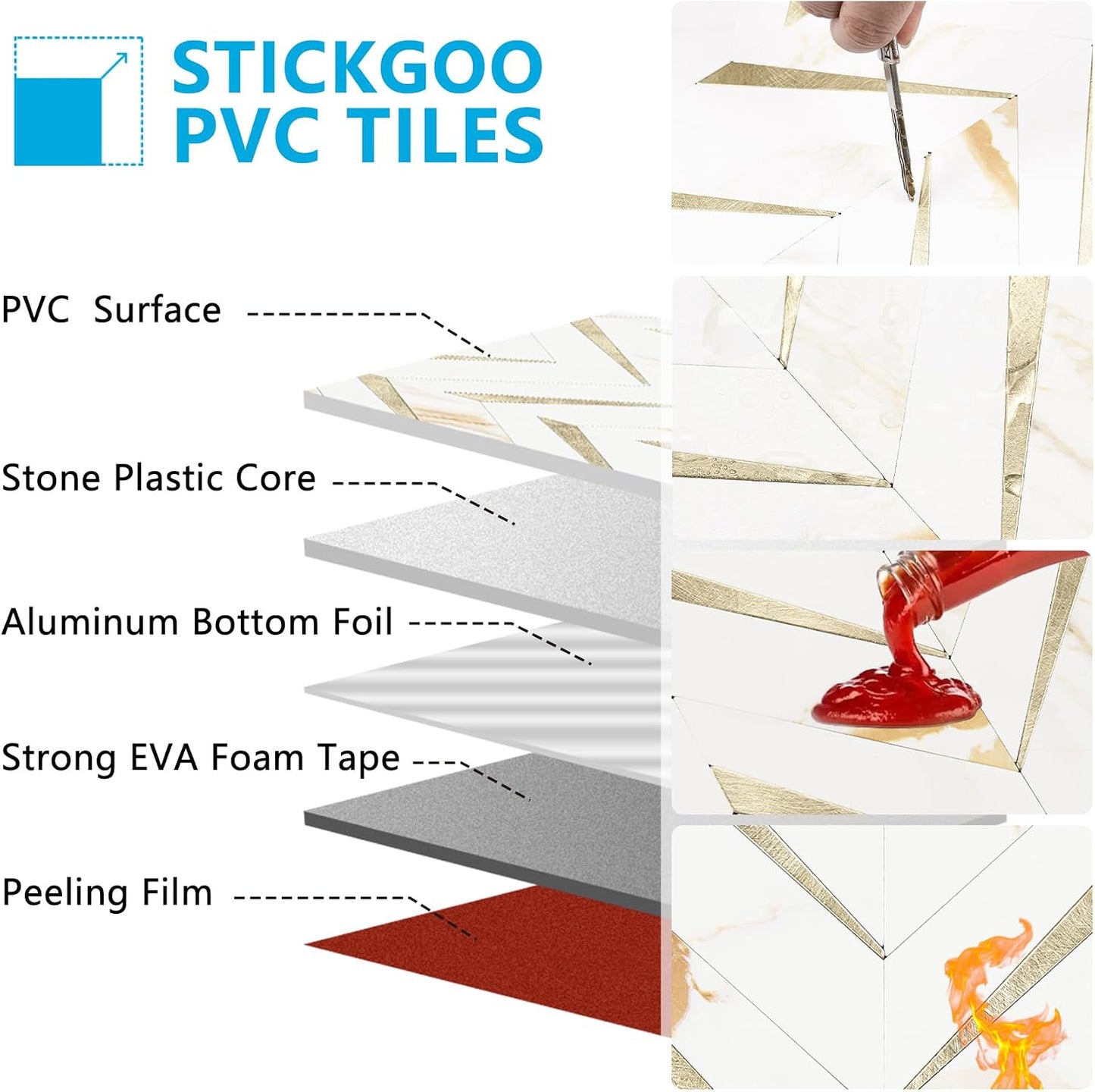 STICKGOO 10-Sheet Herringbone Tile Peel and Stick Backsplash, Beige Mixed Metal Gold PVC Stick on Backsplash, Self Adhesive Wall Tile for Kitchen and Bathroom