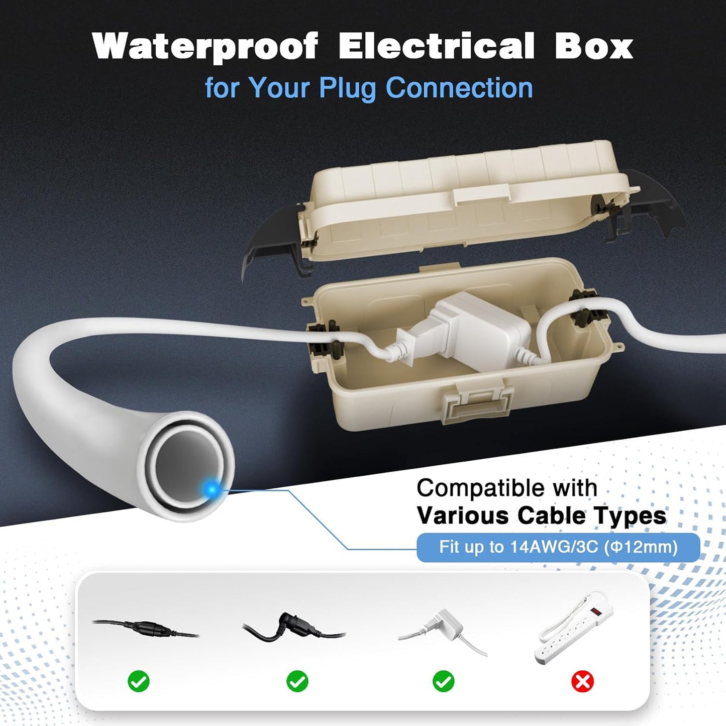 FLEMOON IP55 Outdoor Electrical Box Waterproof with Detachable Awning Covers, 7.1 * 3.9 * 2.4 inch Weatherproof Extension Cord Cover, Easy Installation for Outdoor Plug, Outlet, String Lights, Black