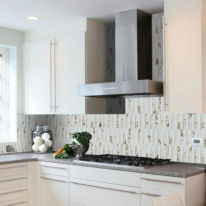 Vamos Peel and Stick Backsplash Seamless Tile for Kitchen and Bathroom,White and Beige Slate PVC Mixed Light Gold Self Adhesive Fish Scale Metal Mosaic Tiles (10 Sheets)
