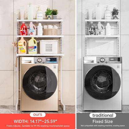 Carbon Steel Over Washer and Dryer Shelf, 2 Tier Bulkhead Laundry Room Storage and Organization Riser, Above Toilet Rack, (14.17“-25.59”) W*15.75 “D*63.39 ”H, White