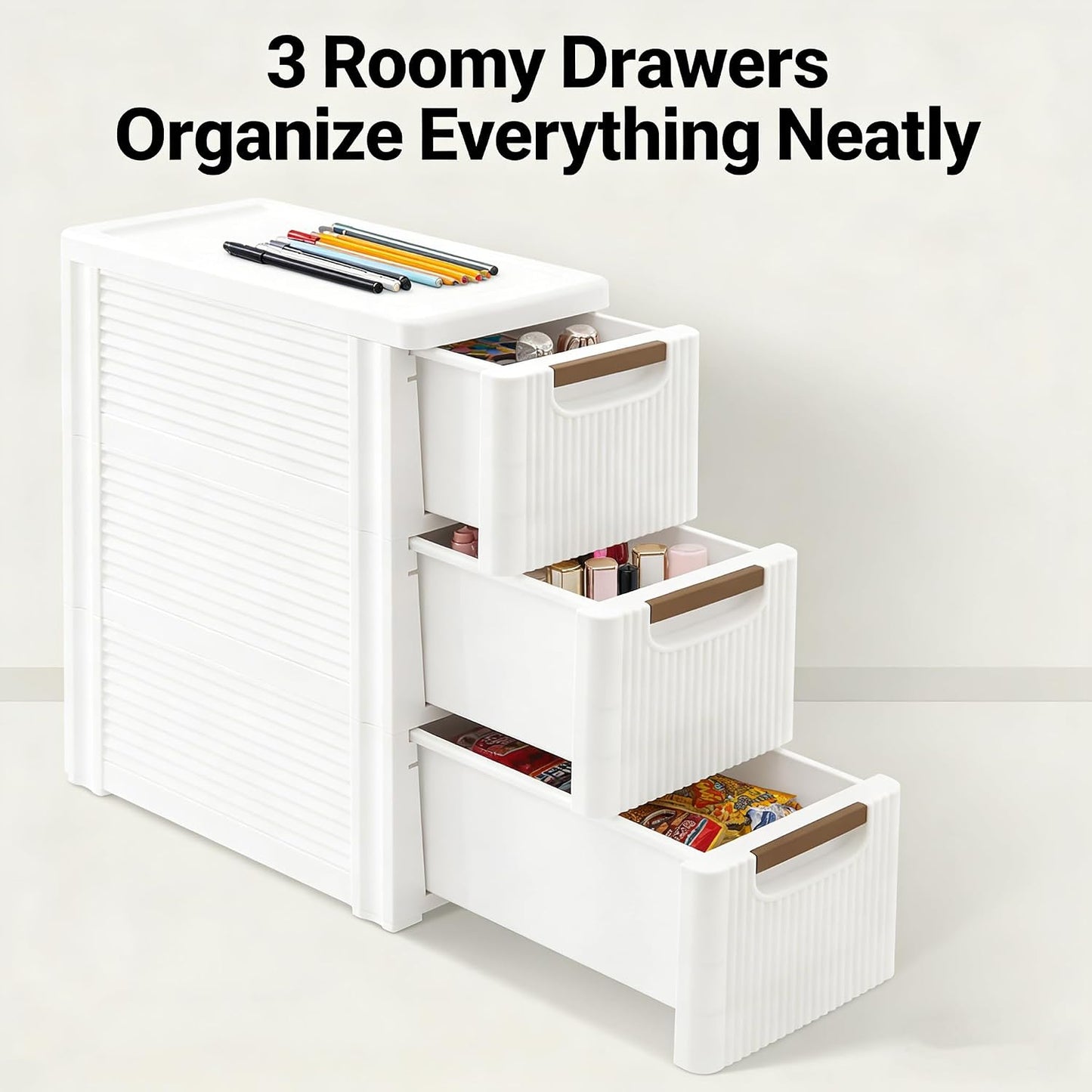 Storage Drawers on Wheels, 3-Drawer Slim Rolling Storage Cart with 4 Casters, Narrow Plastic Organizer for Bathroom Bedroom Kitchen Classroom, Space-Saving Mobile Cabinet
