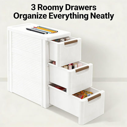 Storage Drawers on Wheels, 3-Drawer Slim Rolling Storage Cart with 4 Casters, Narrow Plastic Organizer for Bathroom Bedroom Kitchen Classroom, Space-Saving Mobile Cabinet