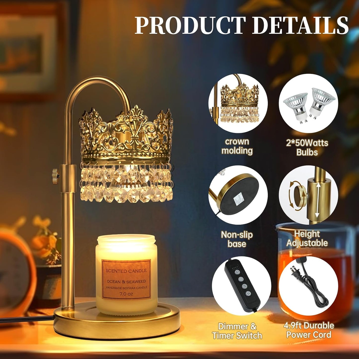 Candle Warmer Lamp with Timer Dimmer Adjustable Height with 2 Bulbs Crystal Candle Lamp Elegant Home Decor for Valentine's Day Gift Wax Melt Warmers for Women Birthday Gift (Black)