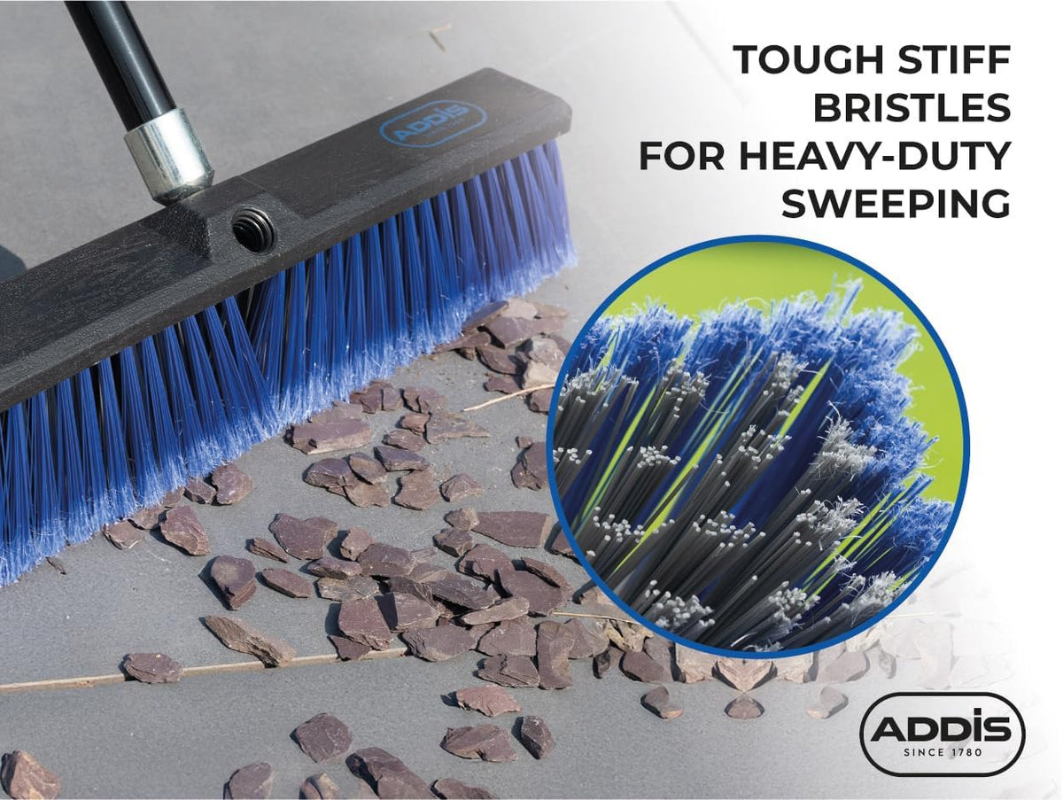 Outdoor Broom & Patio Brush by Addis – Heavy Duty 45cm (17.7") Angled Head with Stiff Bristles Deck Driveway Garden & Yard Sweeping Brush Large Push Broom for Concrete Tile Wooden Floors, Blue Black