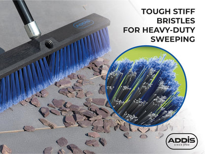 Outdoor Broom & Patio Brush by Addis – Heavy Duty 45cm (17.7") Angled Head with Stiff Bristles Deck Driveway Garden & Yard Sweeping Brush Large Push Broom for Concrete Tile Wooden Floors, Blue Black