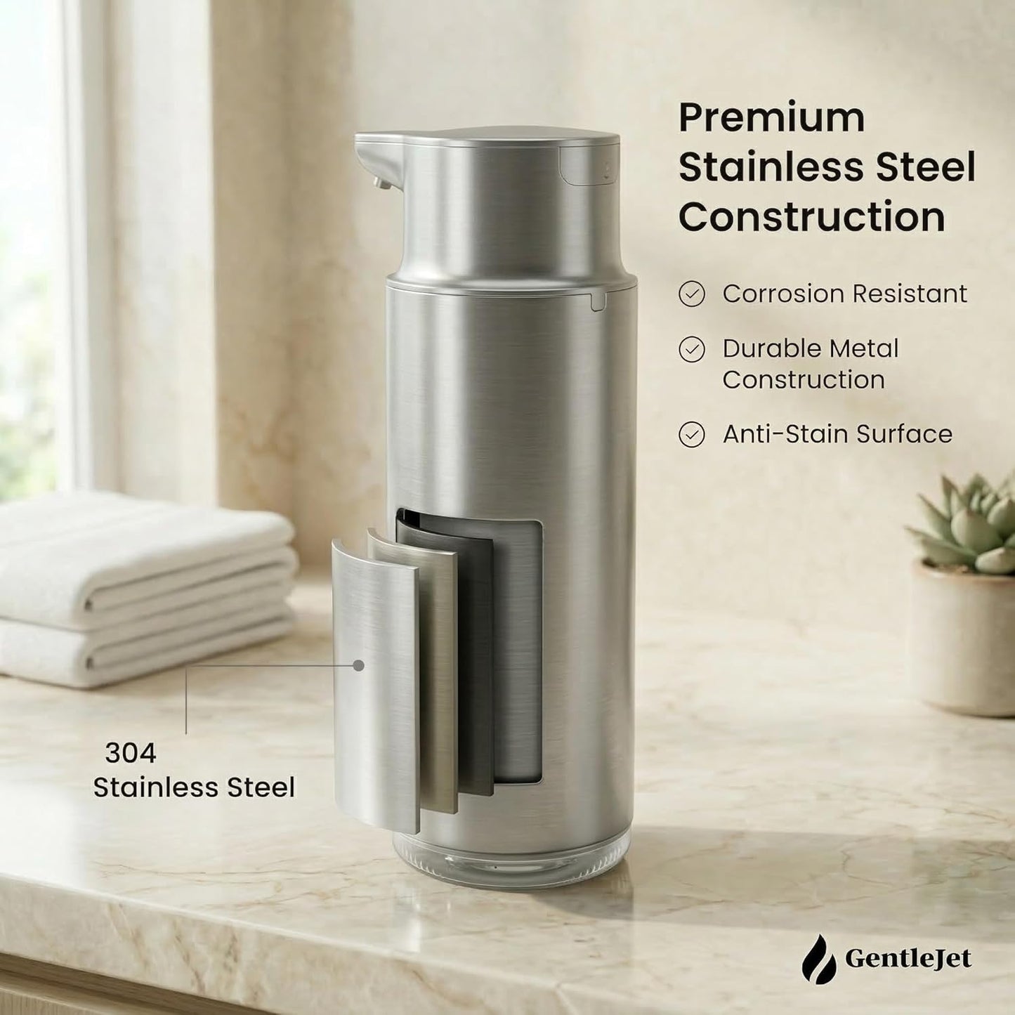 GentleJet CrystalJet Automatic Foam Soap Dispenser – Stainless Steel, Touchless Sensor, USB-C Rechargeable, Waterproof, Modern Bathroom & Kitchen Sink, 300 ml