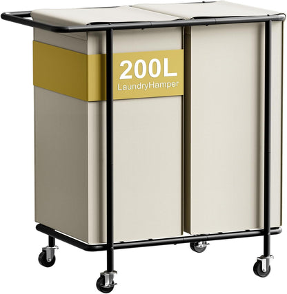 Double Laundry Hamper with Wheels,200L Rolling Laundry Basket 2 Section with Lid,Steel Frame Laundry Cart with Handle and Removable Bags,Dirty Clothes Hamper for Laundry Room,Dorm,Black