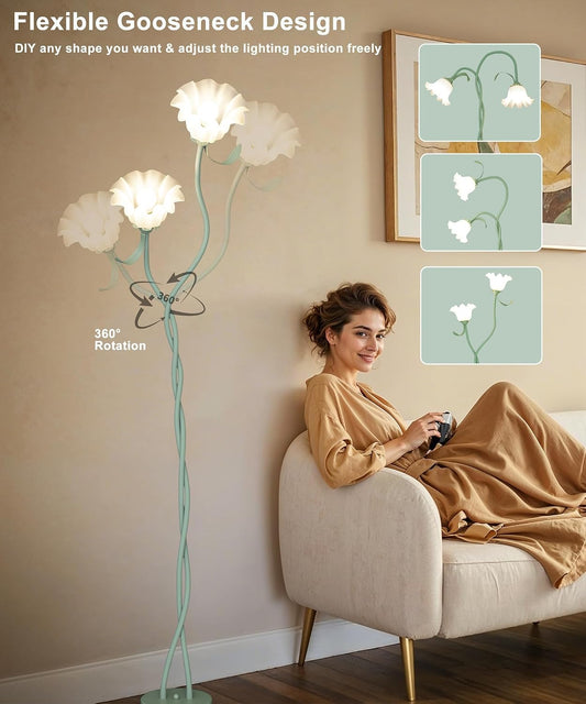 Flower Floor Lamp for Living Room, Arc Floor Lamp with 5 E26 LED Bulbs, Cute Green Floral Standing Lamp with 3 Color Modes, Foot Switch, Tall Modern Lamp for Kids Girls Bedrooms