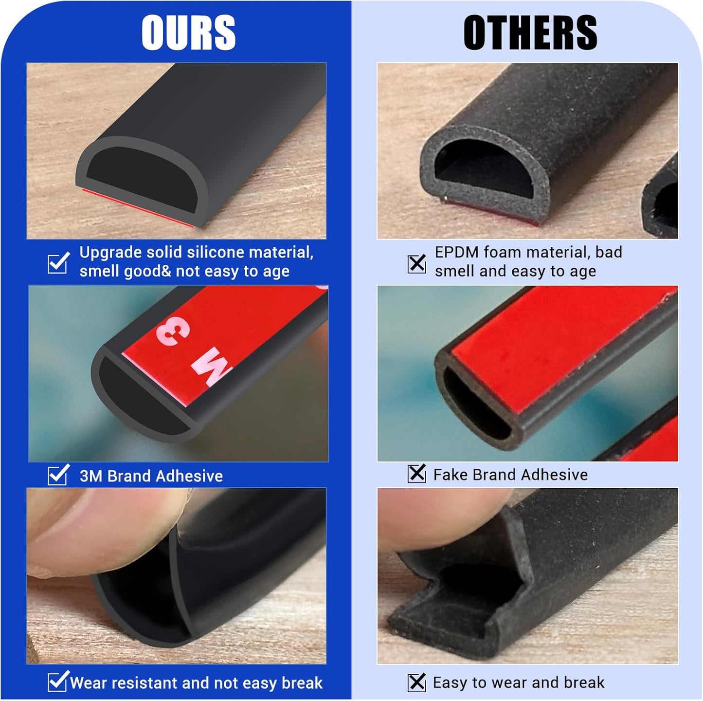 Weather Stripping Door Seal Self Adhesive Weather Strip Silicone D Shaped Door Seal Strip for Door Frame/Window Seal, 20Ft, Brown (3/8" W × 1/4" T)
