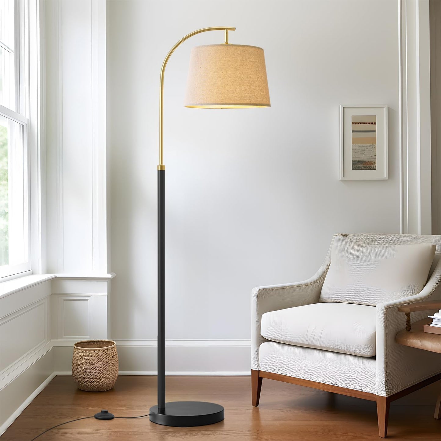 G-SAFAVA Real Wood Floor Lamps for Living Room Bedroom, 62.5" Mid Century Modern Lamp Gold Standing Tall Arc Lamps with Foot Switch, Floor Lamps for Nursery Office Decor Corner Reading Room Light