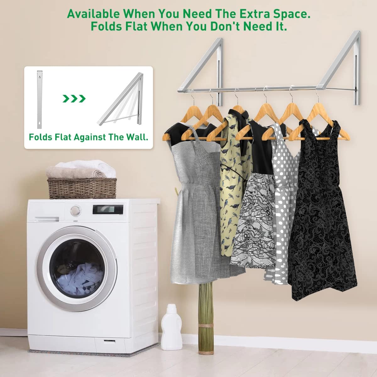 Laundry Room Drying Rack Wall Mounted Clothes Hanger Folding Wall Coat Racks Aluminum Home Storage Organiser Space Savers White 2 Rakcs with Rod