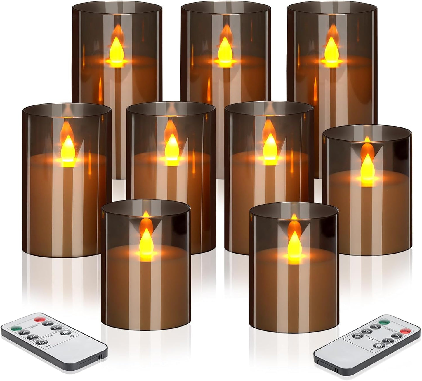 wemarry Flameless Candles 4" 5" 6" Acrylic Glass Pillars 3" Diameter Battery Operated Flickering Candles Include 8-Key Remote with Timer Function 400+ Hours (Amber, Warm Light 3 Pack)