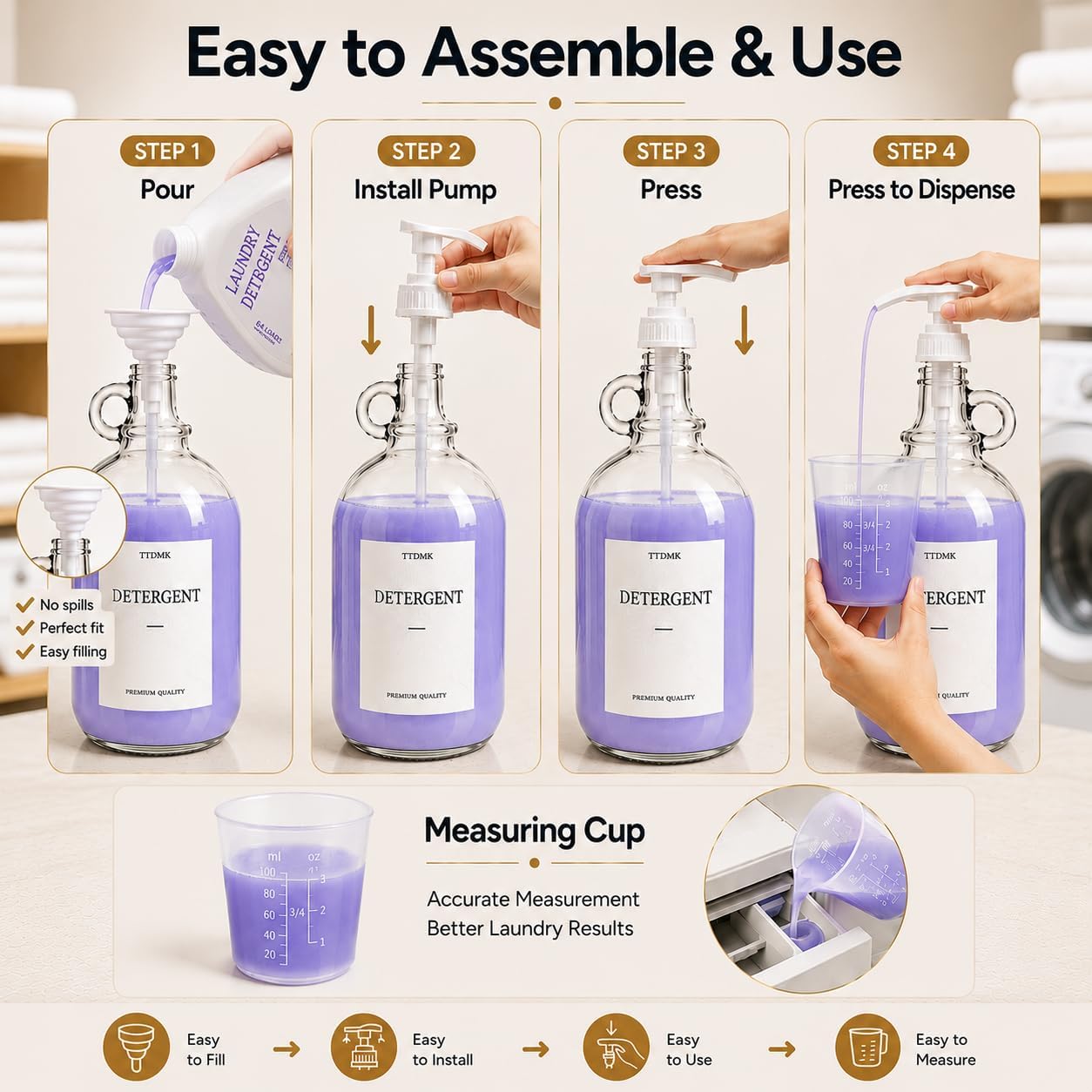 2 Pcs Glass Liquid Laundry Detergent Dispenser, Half Gallon Laundry Soap Dispenser for Laundry Room (64 oz. Each), Laundry Detergent Bottles with Pump Dispenser -Includes Labels, Funnel, Measuring Cup