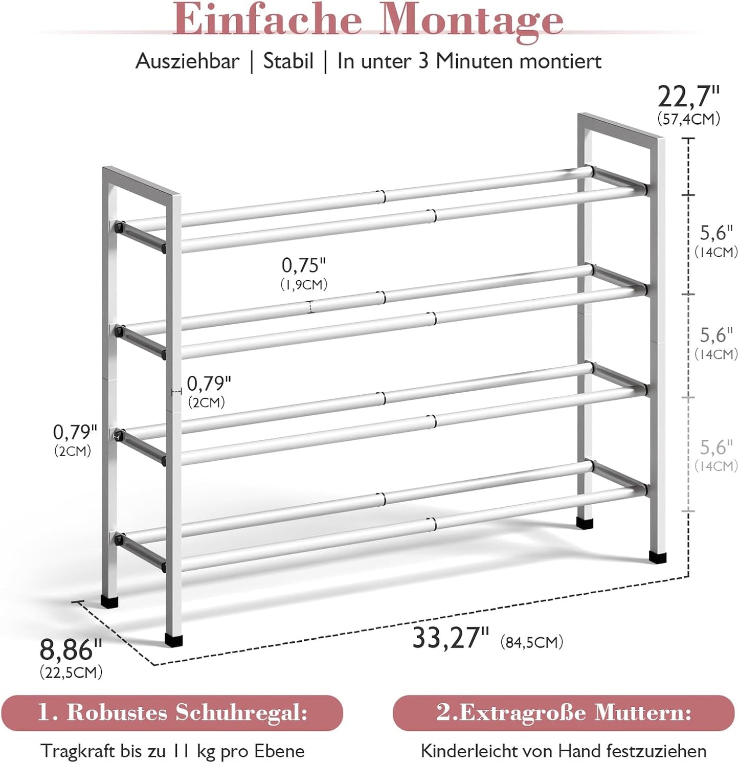 Bumusty 3-Tier Expandable Shoe Rack for Closet, 18“-33” Adjustable Shoe Rack for Small Space, Small Shoe Organizer for Front Door, Sturdy Metal, Black