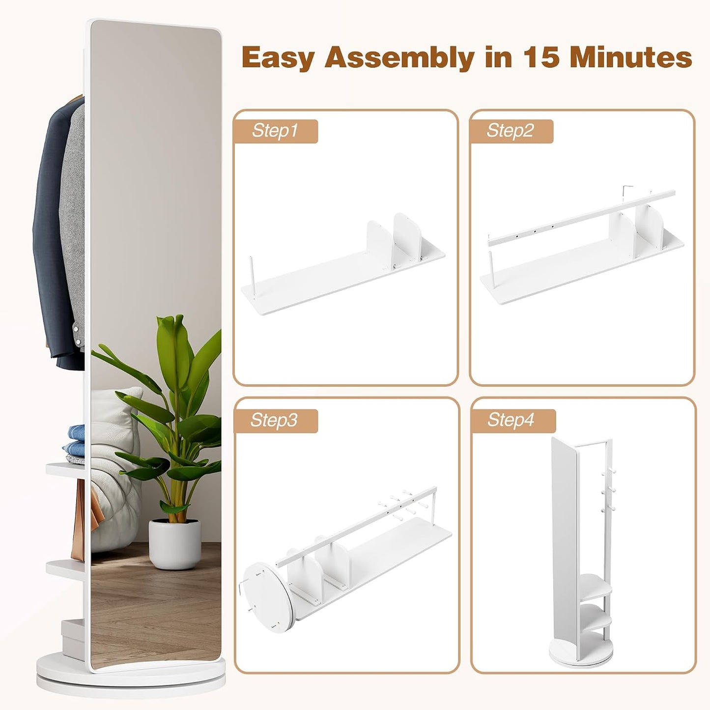 Full Length Mirror with Coat Rack & Storage, 360° Rotating Solid Wood Standing Floor Mirror with Shelves for Bedroom, Entryway, Dressing Room (Natural Wood, 66" x 18")