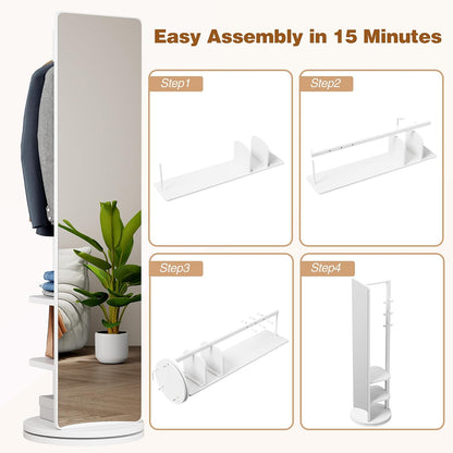 Full Length Mirror with Coat Rack & Storage, 360° Rotating Solid Wood Standing Floor Mirror with Shelves for Bedroom, Entryway, Dressing Room (Natural Wood, 66" x 18")