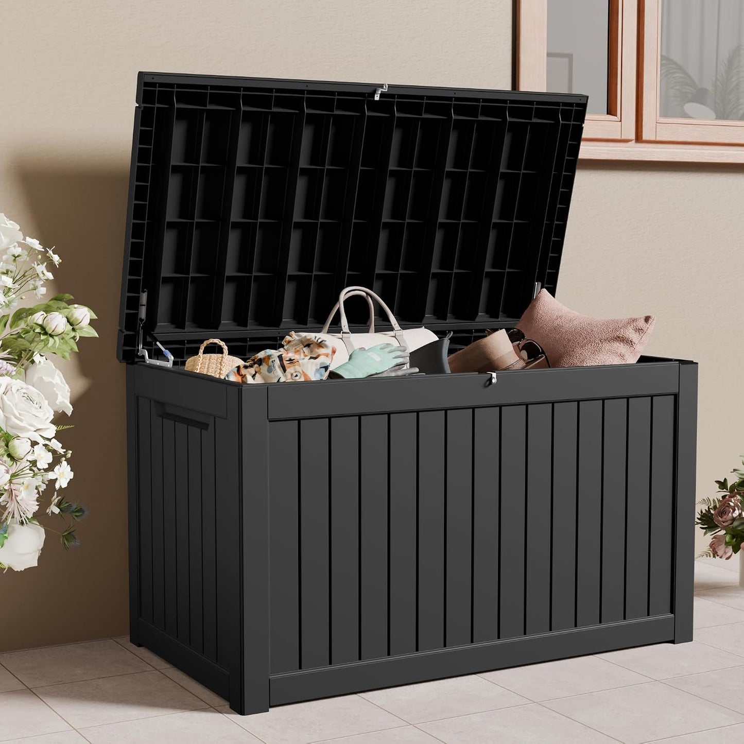 100 Gallon Storage Box, Waterproof Resin Deck Box with Hydraulic Piston Design, Lockable Storage Bench for Package Delivery, Storage Bin for Patio Cushions, Garden Tools, Black