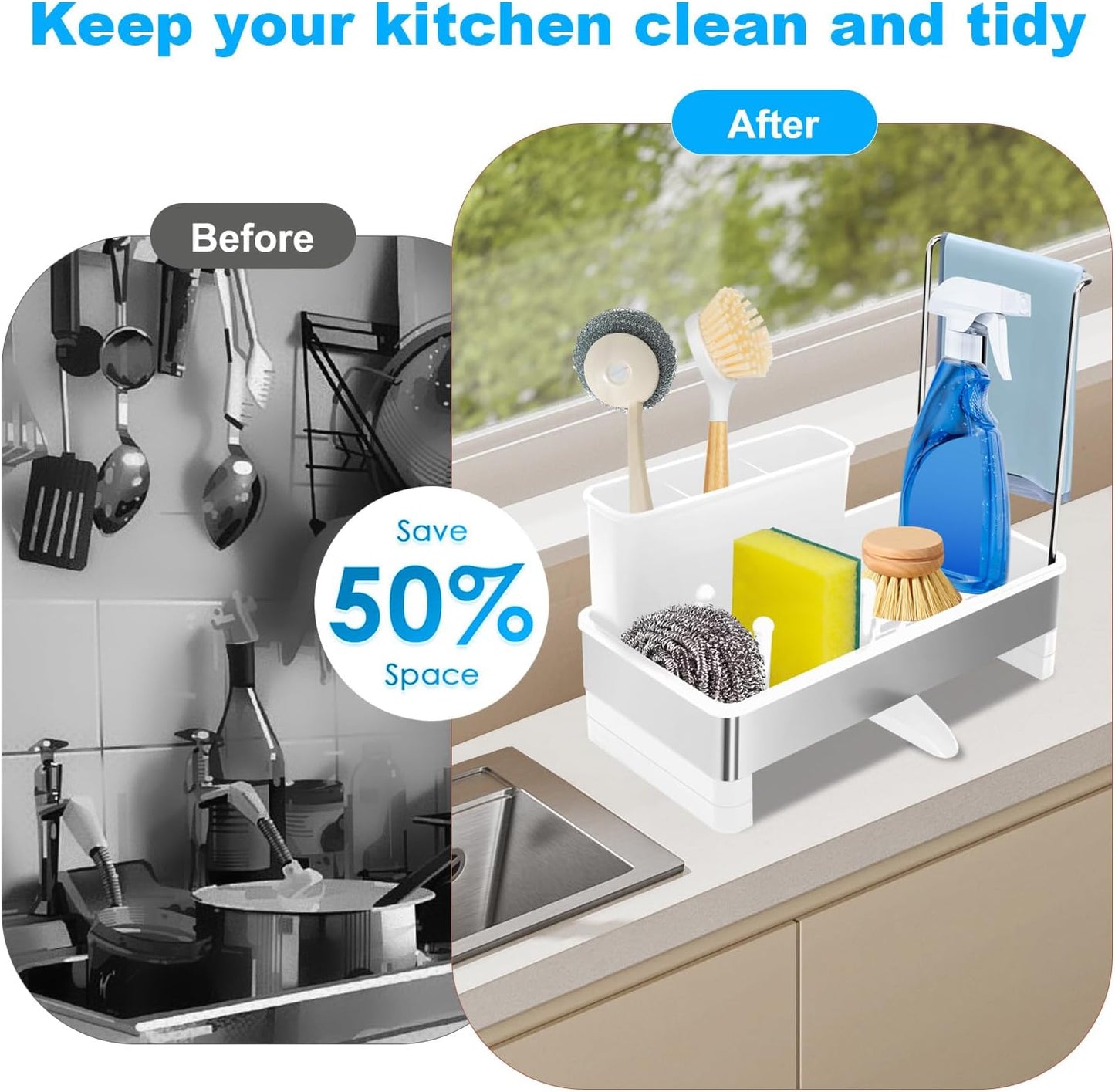 Kitchen Sink Caddy,Sponge Holder for Kitchen Sink with Dish Brush Holder, Auto Drain Tray, Sponge Drain Rack,Stainless Steel Sink Organizer Countertop，Sponge Soap(Grey)